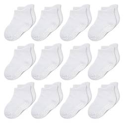 CozyWay Socken im Nonrutschen-Knöchelstil mit Greifer, 12 Packungen für Jungen und Mädchen, solide Weiß, 1-3 Jahre von CozyWay