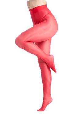 CozyWow Damen Sexy Ölige Glänzende Strumpfhose 15D Seidenglatt Feinstrumpfhose Reißfest Transparent mit Hohe Taille Rot M-L von CozyWow