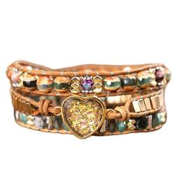 CrEev Natürliche Opal-Armbänder, handgefertigt, Paar, Leder, Perlen, dreifache Steine, Armreifen, Perlen-Armband von CrEev
