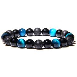 CrEev Natürliche natürliche schwarze Obsidian-Tigerauge-Perlen-Armbänder für Männer und Frauen, Schmuckperlen-Armband (Länge: 21 cm, Metallfarbe: 1/Rot) (Lava-Tigerauge5 21 cm) von CrEev