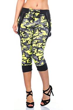 Crazy Age Camouflage Jogginghose Capri Damen Shorts Boyfriendhose Bagyyhose mit Hosentäger (Neongelb, XXL) von Crazy Age