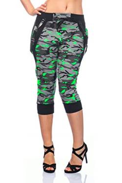 Crazy Age Camouflage Jogginghose Capri Damen Shorts Boyfriendhose Bagyyhose mit Hosentäger (Neongrün, L) von Crazy Age