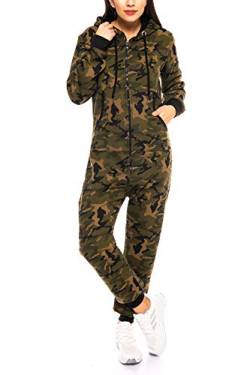 Crazy Age Herren Damen Partnerlook | Jumpsuit Overall Strampler Latzhose Onesie Sweat Camouflage Design | Warm Weich Sportlich (XL, Khaki/Sch.) von Crazy Age