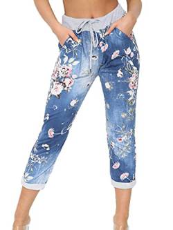 Crazy Fashion Damen Denim Jogger Stern Bedruckte Jogginghose Floral gerippte Gürtelhose Damen Lässige Sommer Italienische Gym Laufhose Plus Größe 34-52 (EUR 18, Dark Denim Floral) von Crazy Fashion