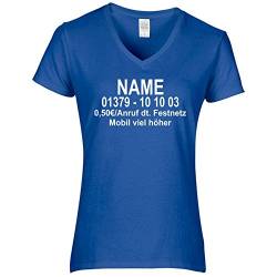 Damen V-Ausschnitt T-Shirt Dschungel Camp Wunschname Wunschnummer DSCHUNGELCAMP (L, Blau/Druck Beidseitig) von CrazyShirt