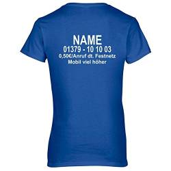 Damen V-Ausschnitt T-Shirt Dschungel Camp Wunschname Wunschnummer DSCHUNGELCAMP (L, Blau/Druck Hinten) von CrazyShirt