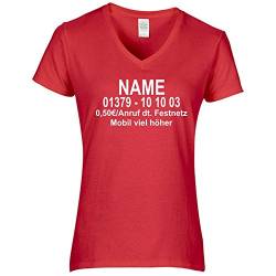 Damen V-Ausschnitt T-Shirt Dschungel Camp Wunschname Wunschnummer DSCHUNGELCAMP (M, Rot/Druck Vorne) von CrazyShirt