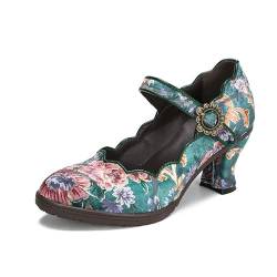 CrazycatZ Damen Leder Bunte Mary Jane Schuhe mit Schleife, Vintage Patchwork Mary Janes Pumps (Green Floral, eu_Footwear_Size_System, Adult, Women, Numeric, medium, Numeric_38) von CrazycatZ