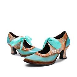 CrazycatZ Damen Leder Bunte Mary Jane Schuhe mit Schleife, Vintage Patchwork Mary Janes Pumps (Light Green, Numeric_38) von CrazycatZ