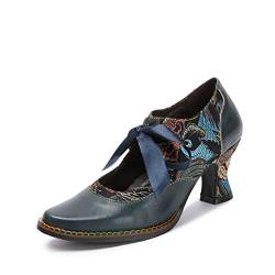 CrazycatZ Damen Leder Bunte Mary Jane Schuhe mit Schleife, Vintage Patchwork Mary Janes Pumps (Navy, Numeric_40) von CrazycatZ