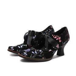 CrazycatZ Damen Leder Bunte Mary Jane Schuhe mit Schleife, Vintage Patchwork Mary Janes Pumps (Purple Floral, eu_Footwear_Size_System, Adult, Women, Numeric, medium, Numeric_38) von CrazycatZ