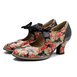 CrazycatZ Damen Leder Bunte Mary Jane Schuhe mit Schleife, Vintage Patchwork Mary Janes Pumps (Red Floral, eu_Footwear_Size_System, Adult, Women, Numeric, medium, Numeric_38) von CrazycatZ