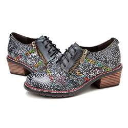 CrazycatZ Damen Leder Oxford Schuhe Perforierte Schnürspitze Bunte Leder Vintage Bunte Schuhe (Grey, eu_Footwear_Size_System, Adult, Women, Numeric, medium, Numeric_38) von CrazycatZ