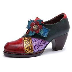 CrazycatZ Damen Leder Pumps Bunte Schuhe mit Absätzen Blumen Handgefertigte Retro Patchwork (SK-207, 41) von CrazycatZ