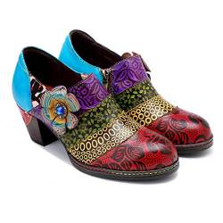 CrazycatZ Damen Leder Pumps Bunte Schuhe mit Absätzen Blumen Handgefertigte Retro Patchwork (SK-212, 39) von CrazycatZ