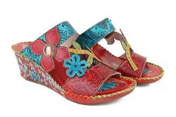 CrazycatZ Damen Leder Sandalen Slide,Handgefertigt Bunte Gemütliche Wedge Knöchelriemchen Bunte Schuhe (Rot, numeric_40) von CrazycatZ
