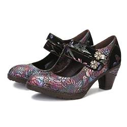 CrazycatZ Damen Leder Schuhe Absatz Vintage Bunte Mary Jane Schuhe Pumps Floral Schuhe (Multi B, Numeric_41) von CrazycatZ
