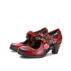 CrazycatZ Damen Leder Schuhe Absatz Vintage Bunte Mary Jane Schuhe Pumps Floral Schuhe (Red, Numeric_41) von CrazycatZ