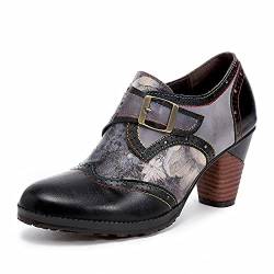 CrazycatZ Damen Leder Schuhe mit Absatz Patchwork Bohemian Vintage Bunte Schuhe Pumps (Black, Numeric_40) von CrazycatZ