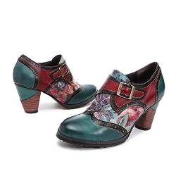 CrazycatZ Damen Leder Schuhe mit Absatz Patchwork Bohemian Vintage Bunte Schuhe Pumps (Green, Numeric_40) von CrazycatZ