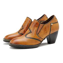 CrazycatZ Damen Leder Schuhe mit Absatz Patchwork Vintage Bunte Schuhe Pumps (Brown, Numeric_41) von CrazycatZ