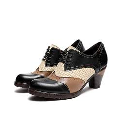 CrazycatZ Damen Leder Schuhe mit Absatz Vintage Bunte Schuhe (Black, Numeric_37) von CrazycatZ