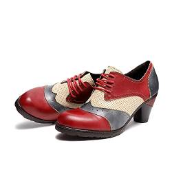 CrazycatZ Damen Leder Schuhe mit Absatz Vintage Bunte Schuhe (Red, Numeric_39) von CrazycatZ