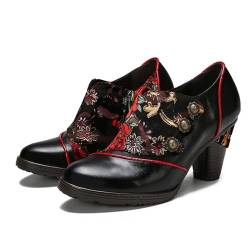 CrazycatZ Damen Leder Schuhe mit Absatz Vintage Bunte Schuhe Pumps Floral Oxford Bunte (Black, eu_Footwear_Size_System, Adult, Women, Numeric, medium, Numeric_38) von CrazycatZ