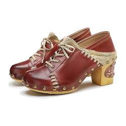 CrazycatZ Damen Leder Schuhe mit Absatz Vintage Bunte Schuhe Pumps Floral Oxford Bunte (Red B, 41) von CrazycatZ