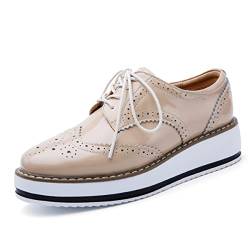 CrazycatZ Damen PU Leder Oxford Schuhe Perforierte Schnürspitze Bunte Vintage Bunte Schuhe Keil Oxford Schuhe (Beige, eu_Footwear_Size_System, Adult, Women, Numeric, medium, Numeric_38) von CrazycatZ