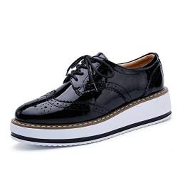 CrazycatZ Damen PU Leder Oxford Schuhe Perforierte Schnürspitze Bunte Vintage Bunte Schuhe Keil Oxford Schuhe (Patent Black, eu_Footwear_Size_System, Adult, Women, Numeric, medium, Numeric_37) von CrazycatZ