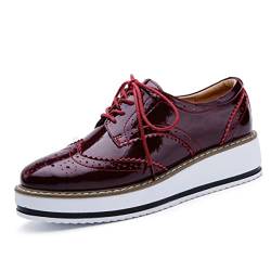 CrazycatZ Damen PU Leder Oxford Schuhe Perforierte Schnürspitze Bunte Vintage Bunte Schuhe Keil Oxford Schuhe (Red Wine, eu_Footwear_Size_System, Adult, Women, Numeric, medium, Numeric_38) von CrazycatZ