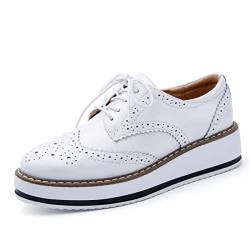 CrazycatZ Damen PU Leder Oxford Schuhe Perforierte Schnürspitze Bunte Vintage Bunte Schuhe Keil Oxford Schuhe (White, eu_Footwear_Size_System, Adult, Women, Numeric, medium, Numeric_37) von CrazycatZ