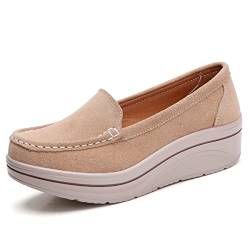 CrazycatZ Damen Schuhe mit Keilabsatz Loafers Komfort Wildleder Mokassins Schuhe (Beige, eu_Footwear_Size_System, Adult, Women, Numeric, medium, Numeric_37) von CrazycatZ