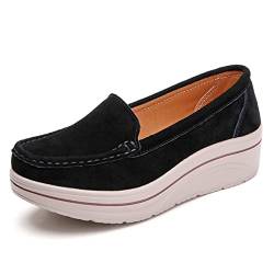 CrazycatZ Damen Schuhe mit Keilabsatz Loafers Komfort Wildleder Mokassins Schuhe (Black, eu_Footwear_Size_System, Adult, Women, Numeric, medium, Numeric_37) von CrazycatZ