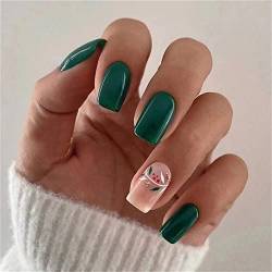 24 Blätter Summer Green Fake Nail Full Cover Square Medium Press on Nails with Glue for Women and Girls Nail Art Manicure Dekoration von Crazynekos