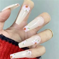 24 Stück Ice Through Flowers Fake Nail Long Ballerina Press on Nails Tips for Frauen and Girls Nail Art Manicure Decoratio von Crazynekos