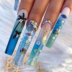 24 Stück Ocean Summer Fake Nail Ballerina Lange Press on Nails für Frauen und Mädchen Nail Art Maniküre Dekoration von Crazynekos