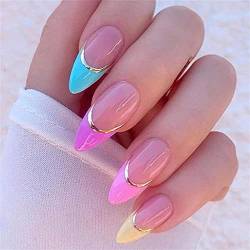 24 Stück Regenbogen Sommer Fake Nagel Mandel Medium Press on Nails with Glue for Women and Girls Nail Art Manicure Dekoration von Crazynekos