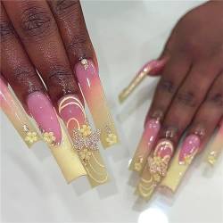 24 Stück Soild Schmetterling Fake Nagel Lange Sarg Drücken auf Nägel Gelb Französisch Tipps Nail Art Dekoration für Frauen und Mädchen Maniküre von Crazynekos