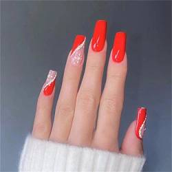 24 Stück Weihnachten Schneeflocken Fake Nail Sarg Lange Glitzer Press on Nails mit Kleber für Frauen und Mädchen Nail Art Maniküre Dekoration von Crazynekos