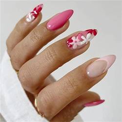 24 Stück rosa Blumen künstliche Nägel Sommer kurze Mandel Press on Nails für Frauen und Mädchen Nail Art Maniküre Dekoration von Crazynekos