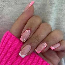 24 Stück rosa weiße französische künstliche Nagelblumen, mittelgroß, quadratisch, zum Aufdrücken der Nägel, Tipps für Frauen und Mädchen, Nagelkunst, Maniküre, Dekoration von Crazynekos