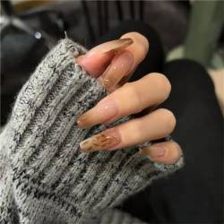 Braune Blätter Winter Fake Nail Long Sarg Press on Nails Tips Nail Art Dekoration für Frauen und Mädchen Maniküre 24 Stück von Crazynekos