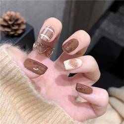 Cookie Brown Kunstnägel für den Winter, kurz, quadratisch, zum Aufdrücken, französische Spitzen, Nagelkunst-Dekoration für Frauen und Mädchen, Maniküre, 24 Stück von Crazynekos