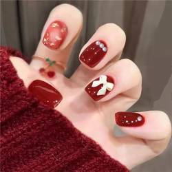 Crazynekos Blooming Red Winter Fake Nail Short Square Press on Nails French Tips Nail Art Decoration for Women and Girls Manicure 24pcs von Crazynekos