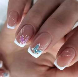 Dream Butterfly Künstliche Nägel, mittelgroß, quadratisch, zum Aufdrücken, französische Spitzen, Nagelkunst-Dekoration für Frauen und Mädchen, Maniküre, 24 Stück von Crazynekos