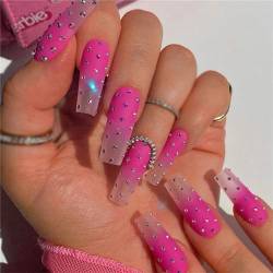Glänzende Diamant-künstliche Nägel, rosa Farbverlauf, lang, quadratisch, zum Aufdrücken auf Nägel, French Tips, Nagelkunst, Dekoration für Frauen und Mädchen, Maniküre, 24 Stück von Crazynekos