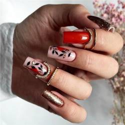 Glitzernde Blätter, künstliche Nägel, lang, quadratisch, rot, zum Aufdrücken, Nagelkunst, Dekoration für Frauen und Mädchen, Maniküre, 24 Stück von Crazynekos