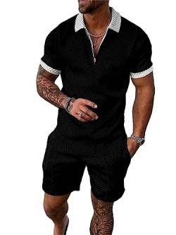 Herren Kurze Sets Outfits 2 Stück Sommer Trainingsanzug Kurzarm Poloshirt und Shorts Set Casual Sport Anzug, 30, XX-Large von Crazynekos